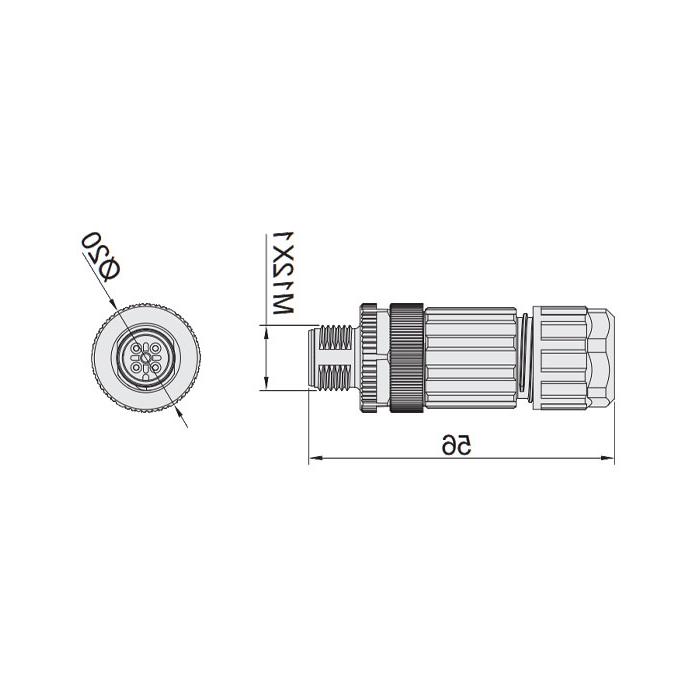 M12 4Pin、公头直型、食品級、螺钉连接、64F129